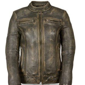 Women's brown distressed motorcycle jacket into